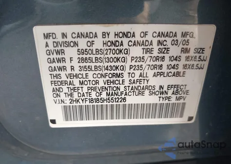 2005 Honda Pilot Lx z USA, uszkodzony, nr VIN 2HKYF18185H551226